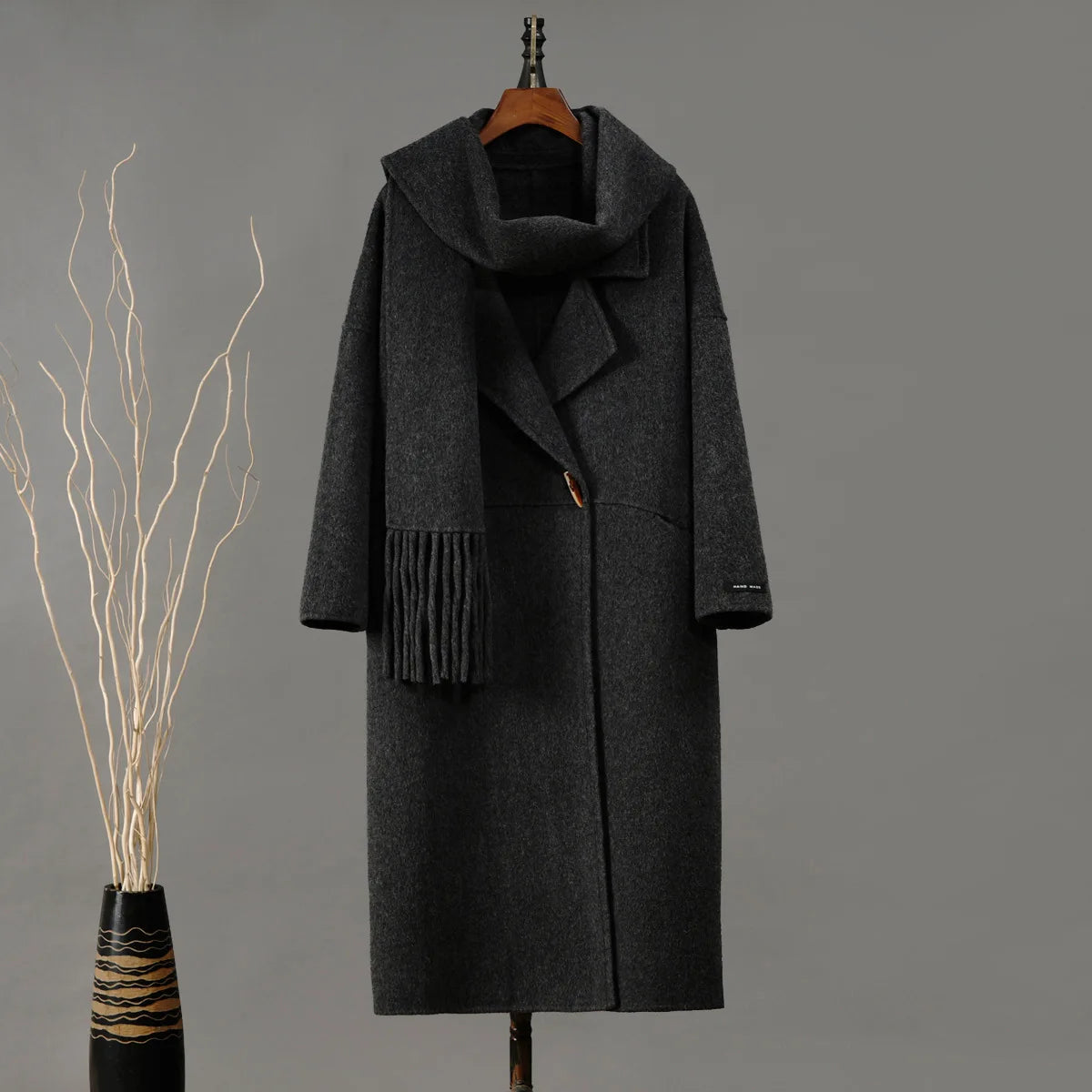 Single Button Long Sleeve Overcoat With Scarf