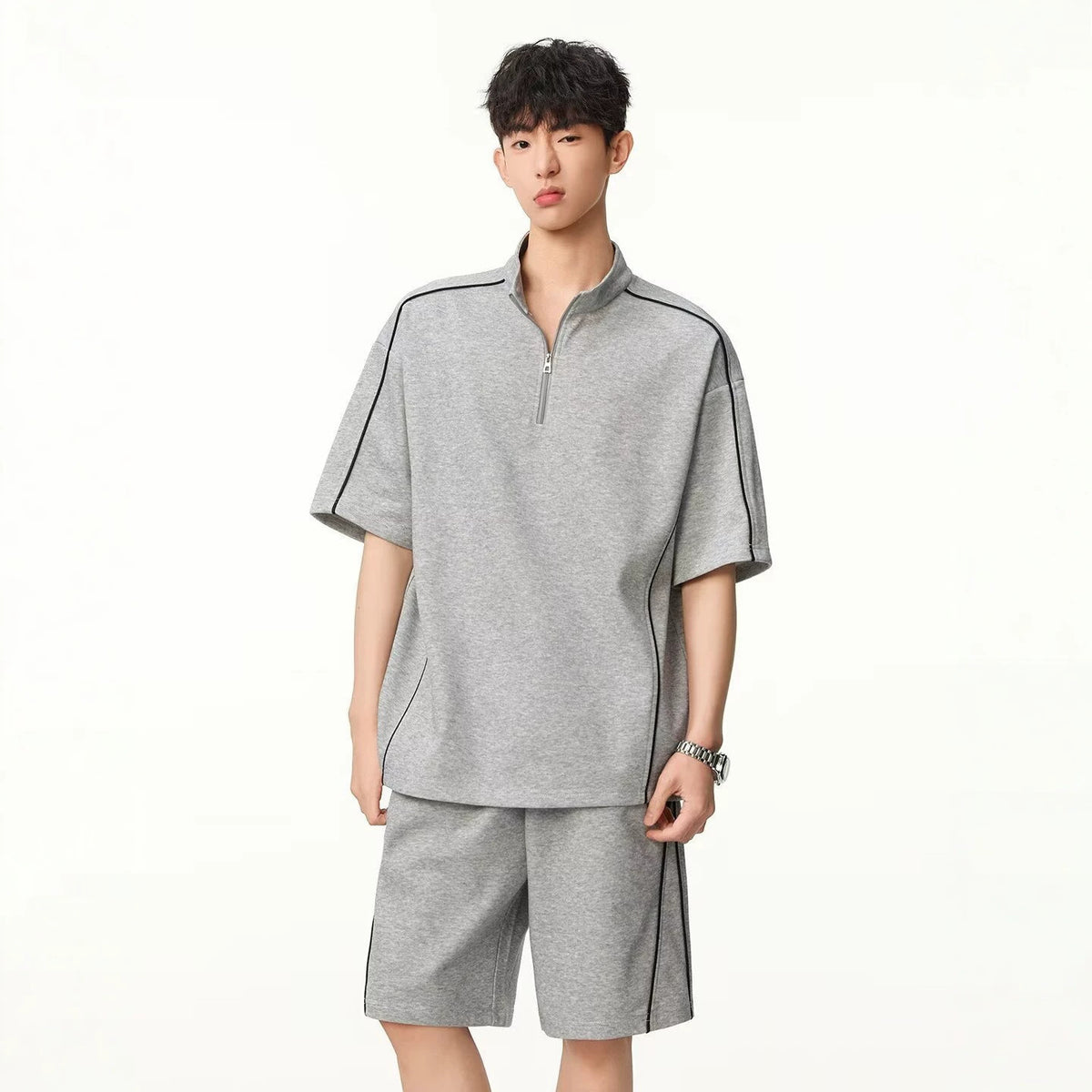 Breathable Street-Style Striped Polo Set for Men
