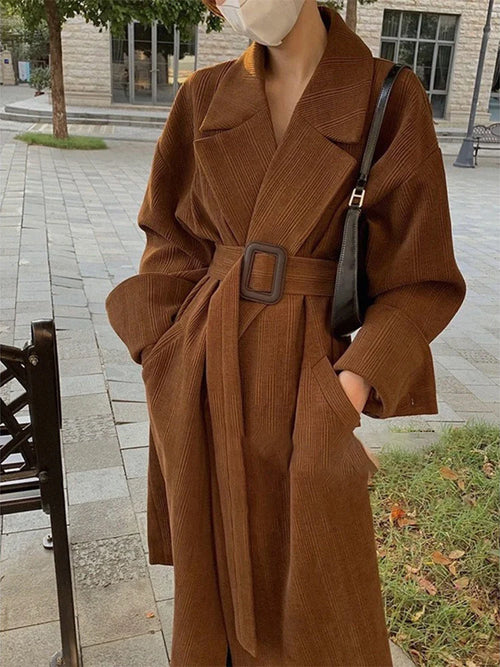 Adjustable Waist Long Woolen Coat