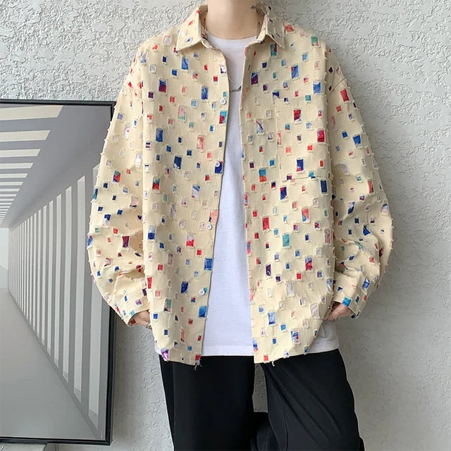 Cotton Hollow Out Oversized Colorful Plaid Shirt
