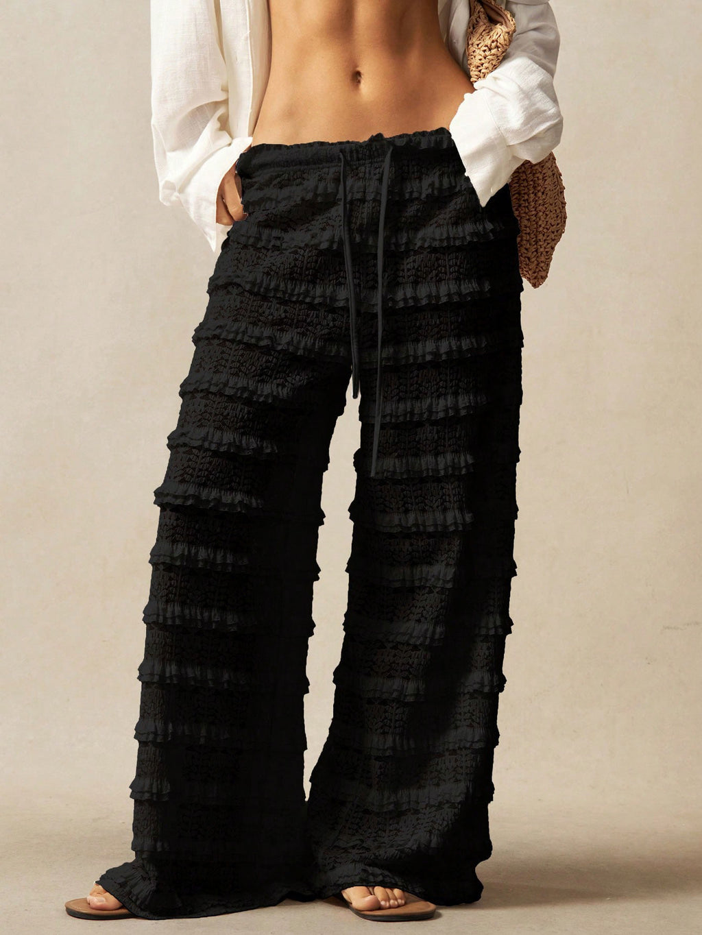 Jacquard Hollow-out Patchwork Tie-up Lace Straight Leg Pants