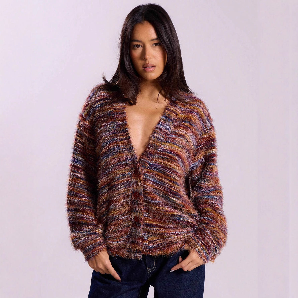 Deep V-Neck Melange Fleece Long Sleeve Cardigan