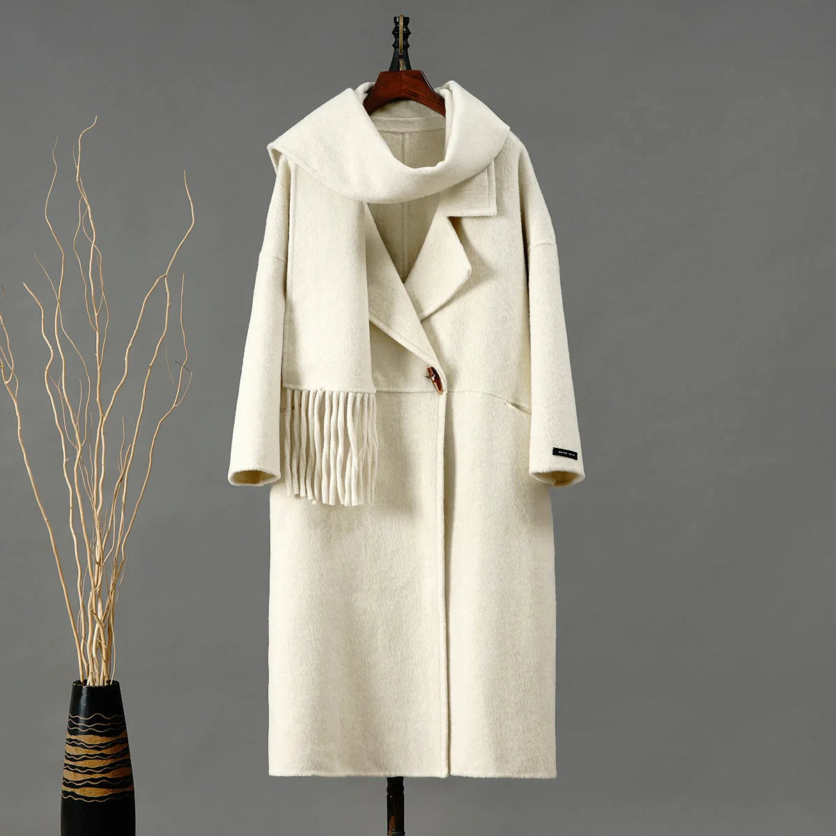 Single Button Long Sleeve Overcoat With Scarf