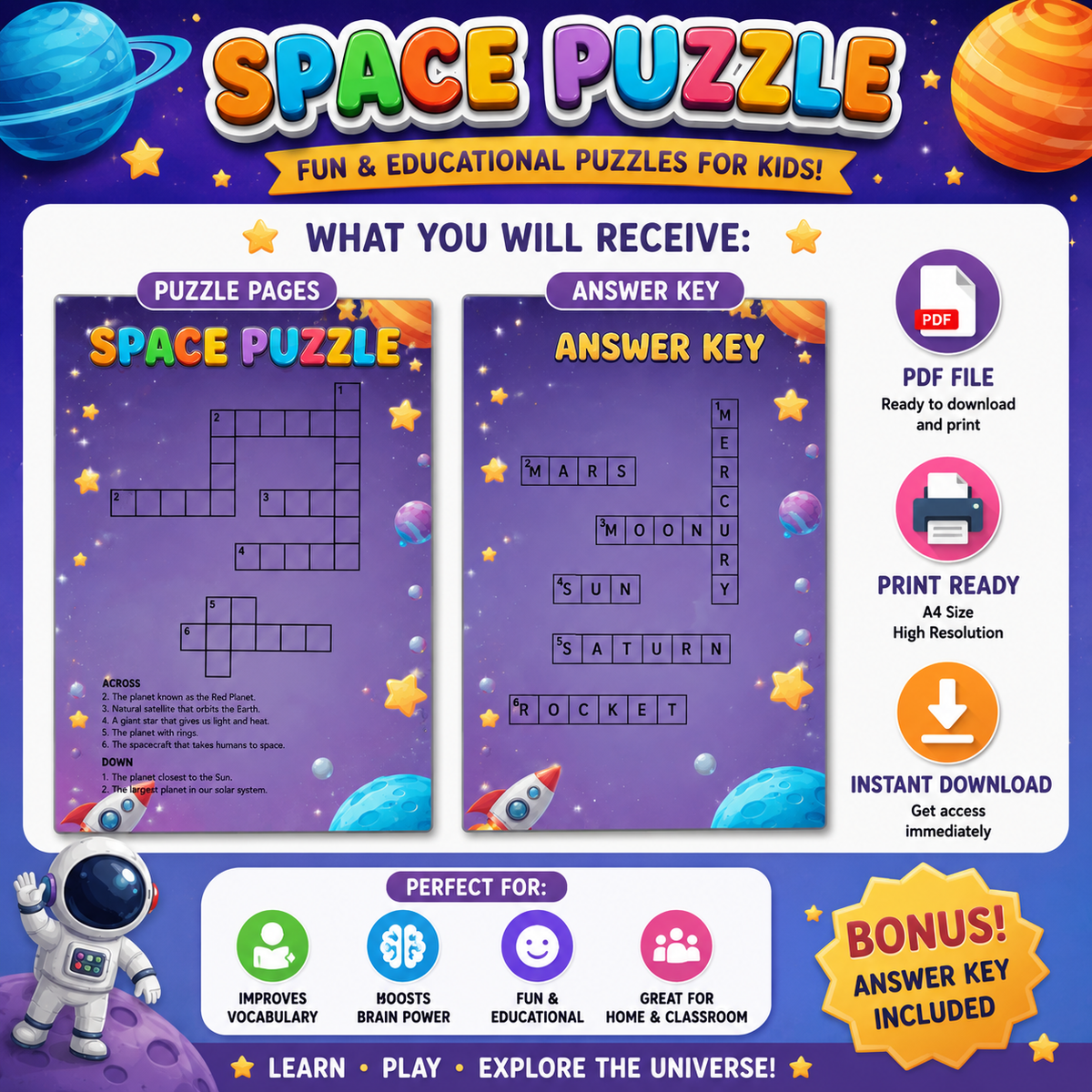 Space puzzle  activity worksheet for kids