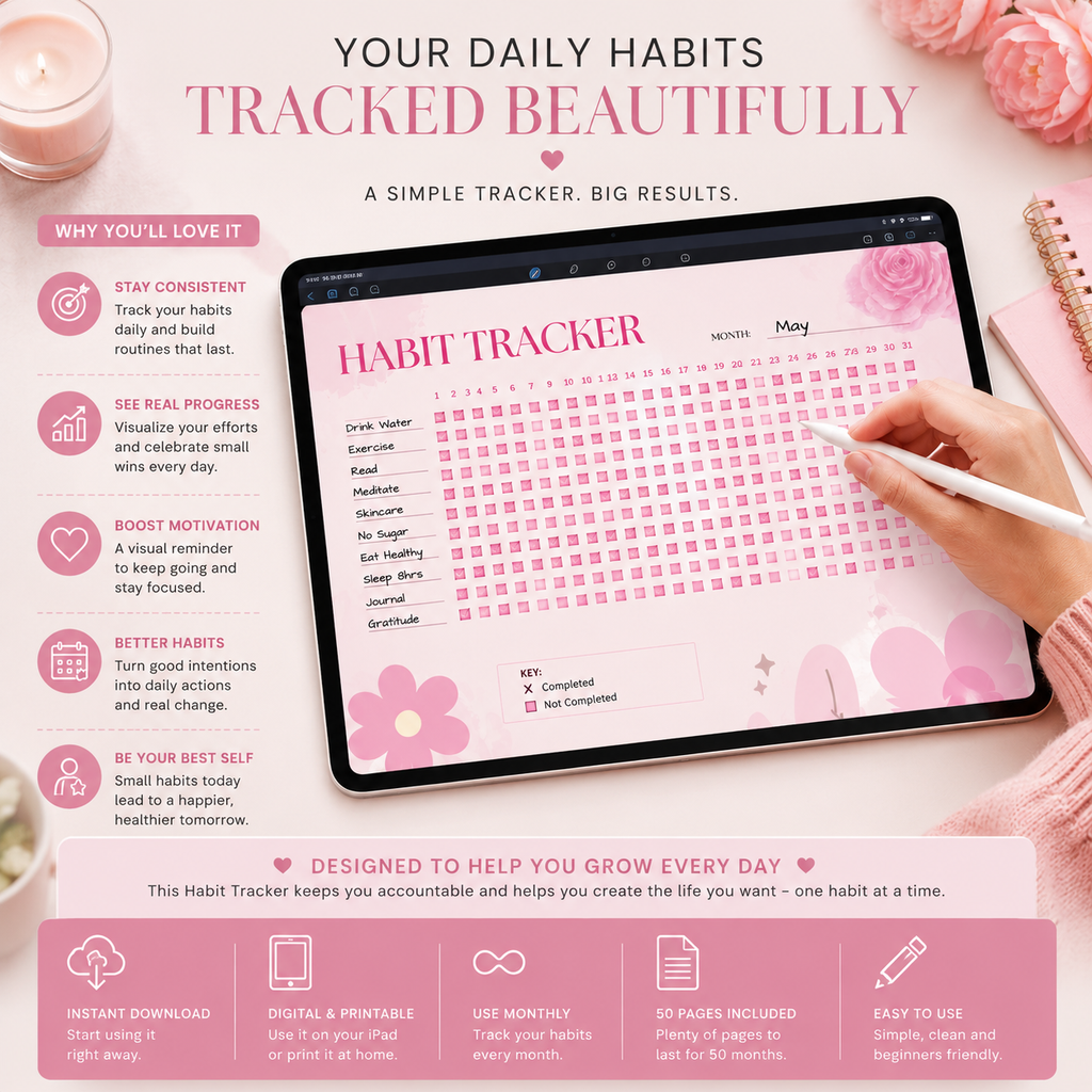 Monthly habit tracker, wellness worksheet, daily routine checklist