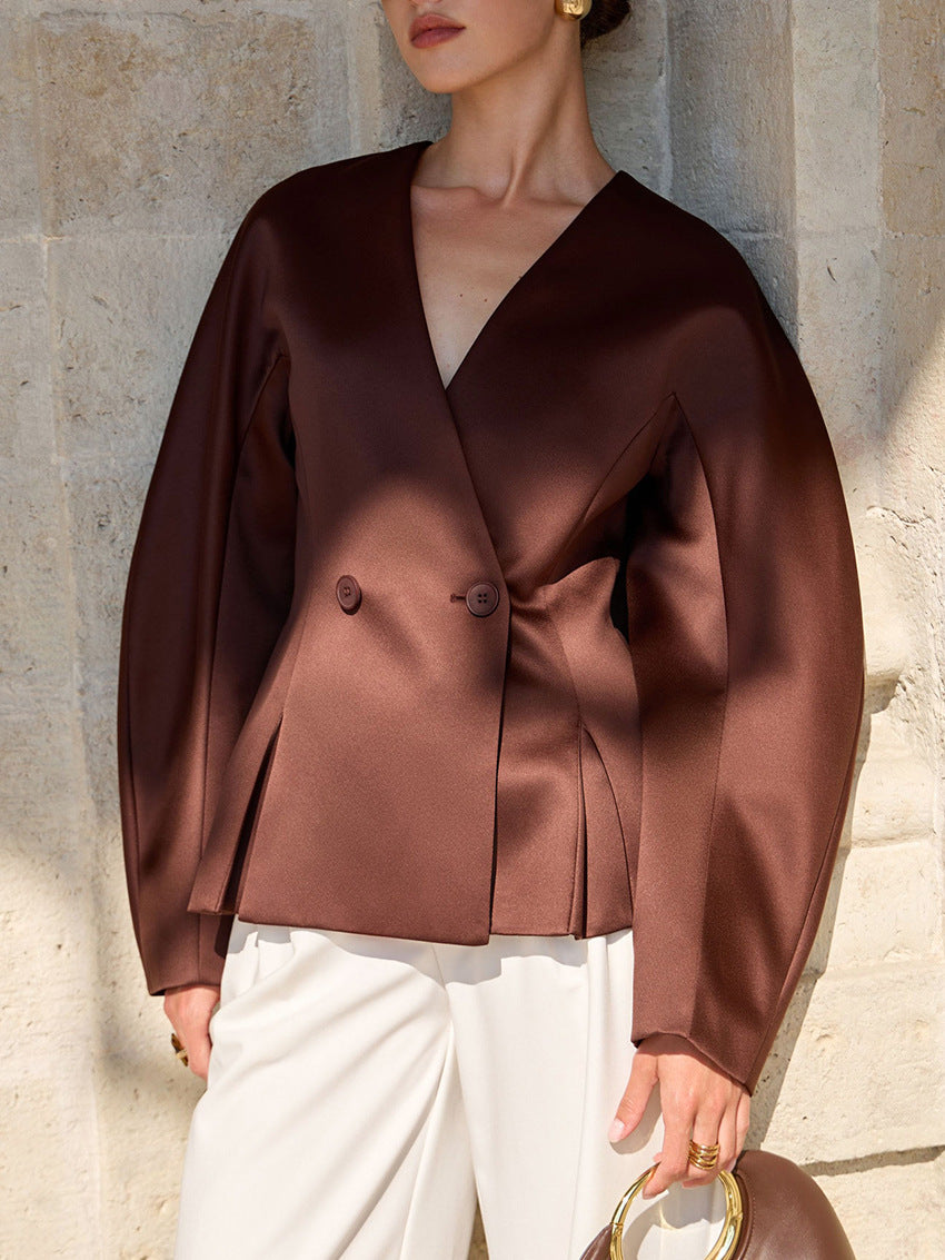 V-Neck Waist-Cinching Satin Blouse
