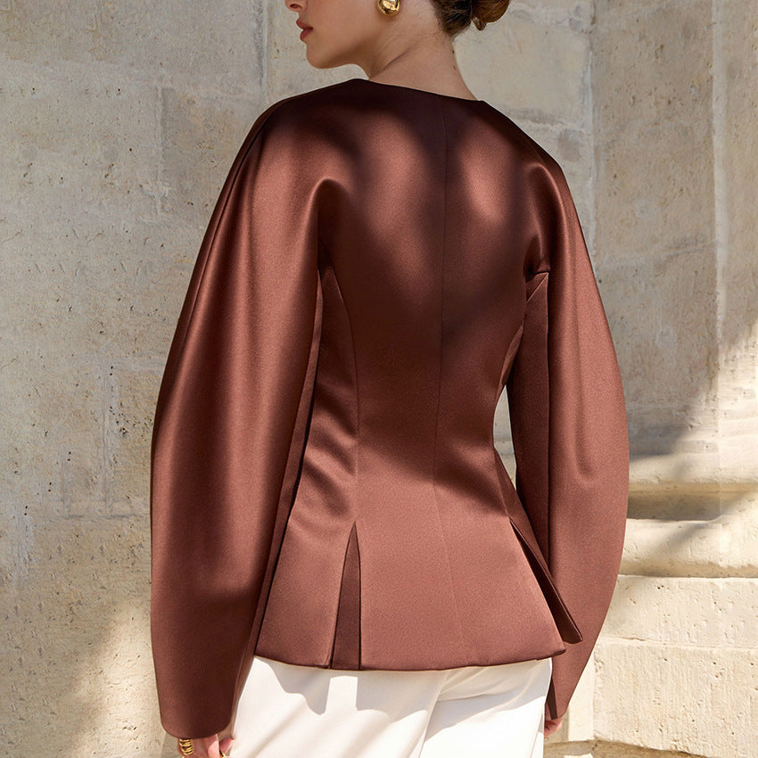 V-Neck Waist-Cinching Satin Blouse