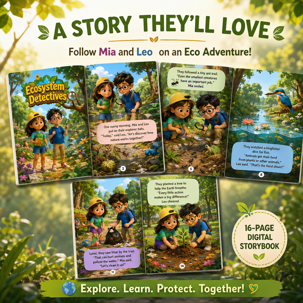 Kids environmental storybook, Ecosystem food chain nature learning printable