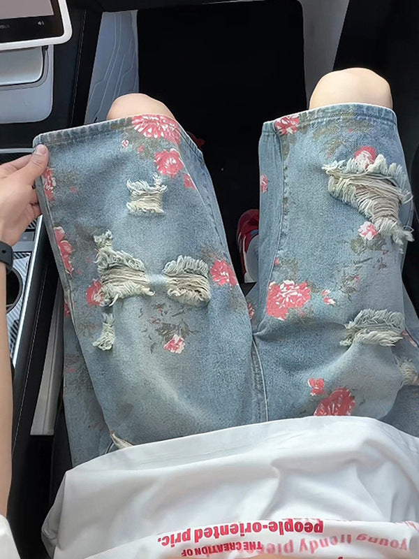 Floral print ripped denim shorts for men