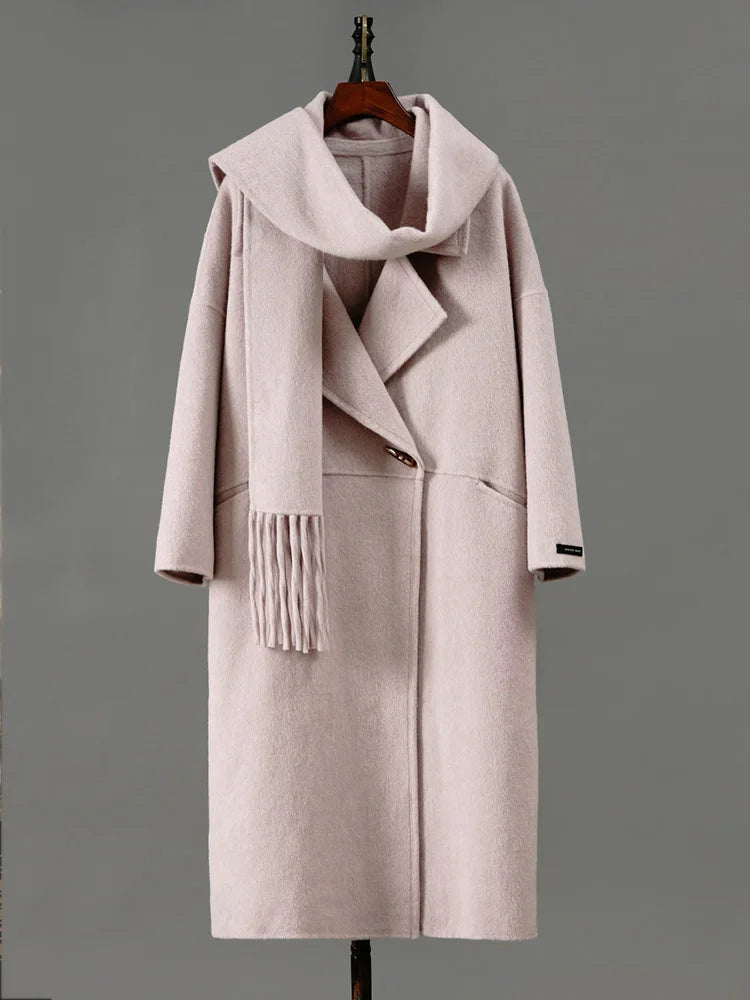 Single Button Long Sleeve Overcoat With Scarf