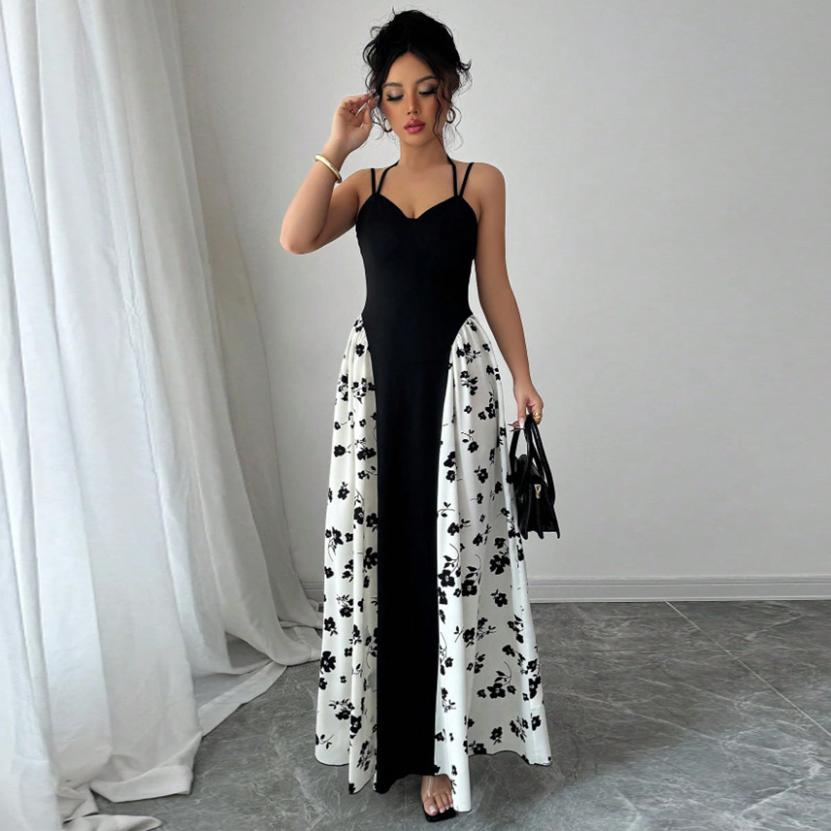 Backless contrasting printed dress