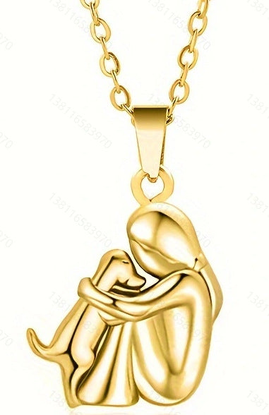 A little girl and a dog embrace earrings