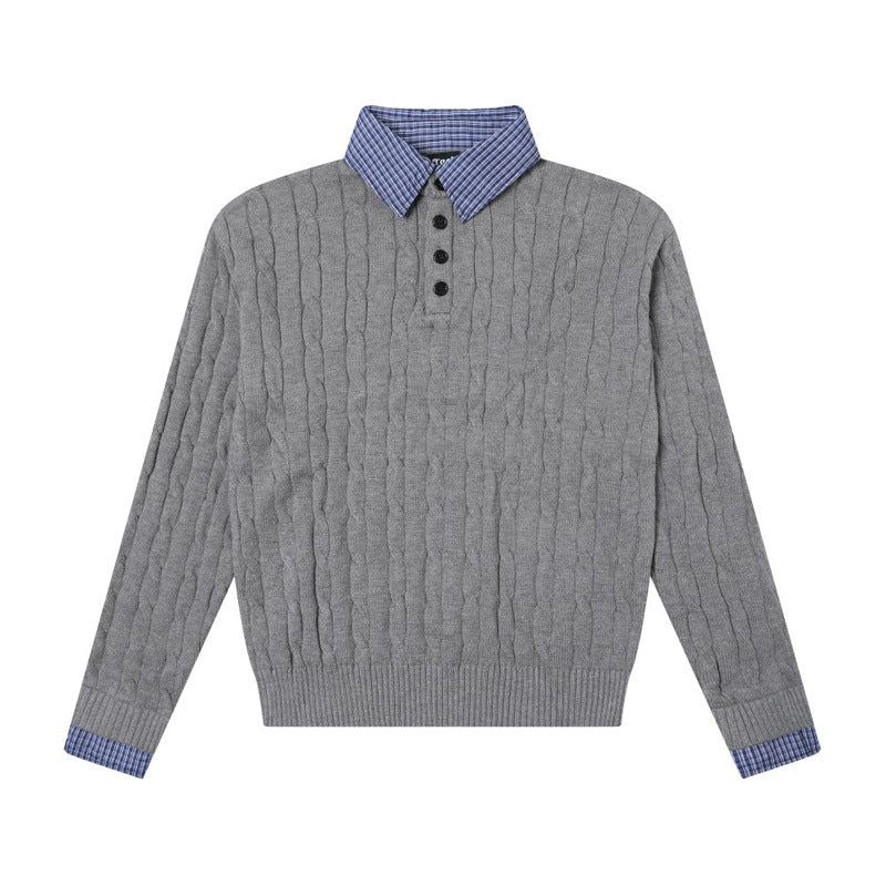 Vintage Two-Piece Spliced Turn-Down Collar Knitwear