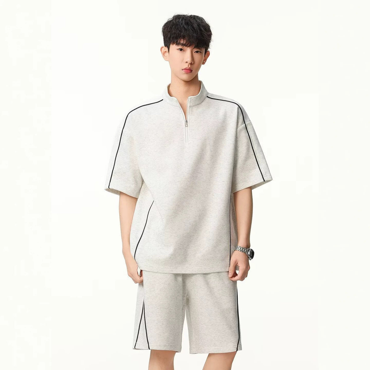 Breathable Street-Style Striped Polo Set for Men