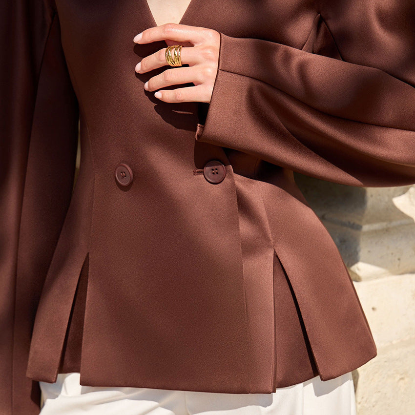 V-Neck Waist-Cinching Satin Blouse