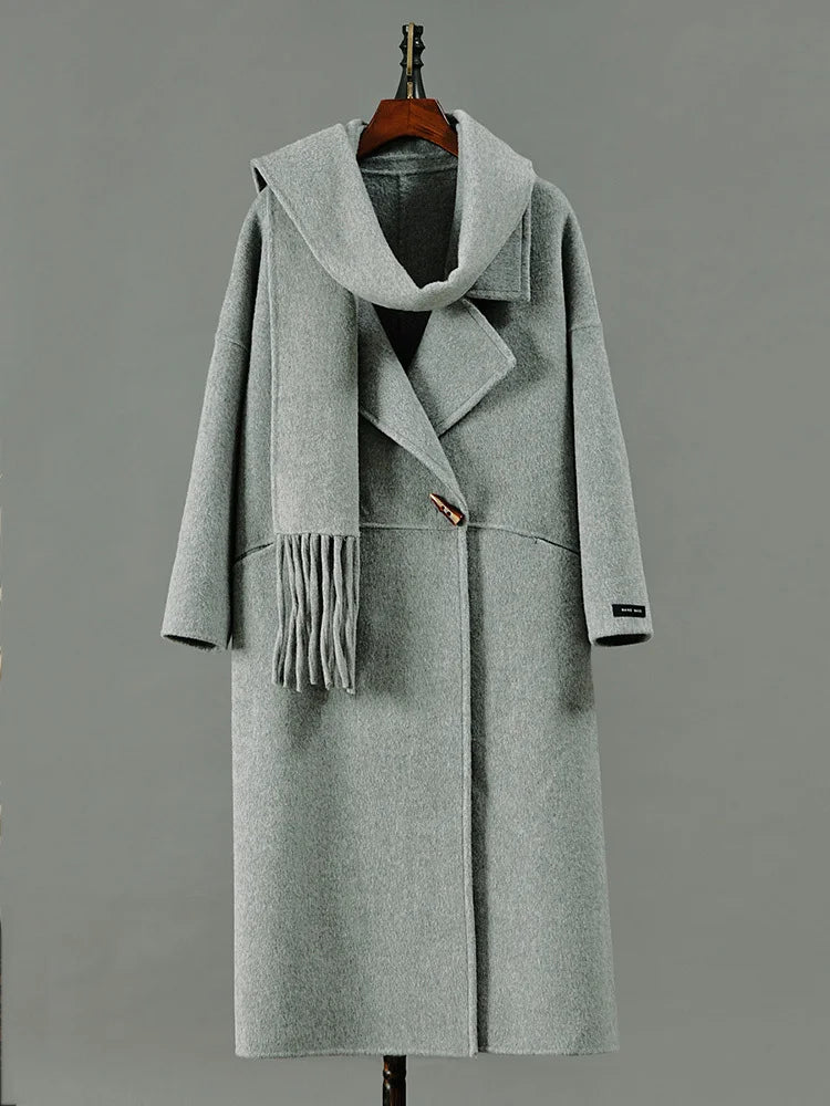 Single Button Long Sleeve Overcoat With Scarf