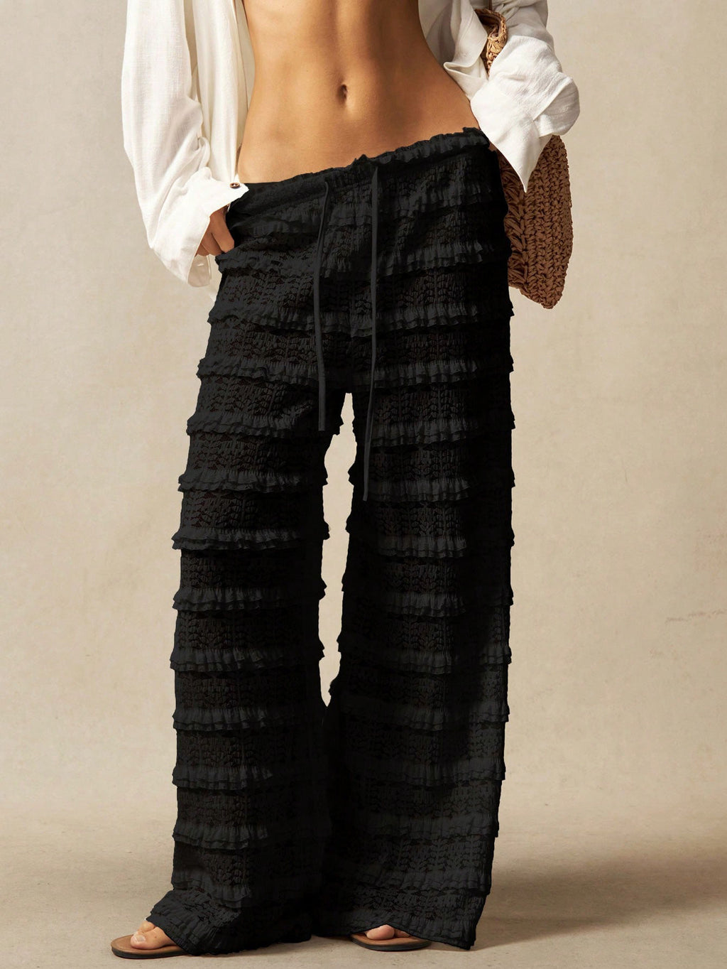 Jacquard Hollow-out Patchwork Tie-up Lace Straight Leg Pants