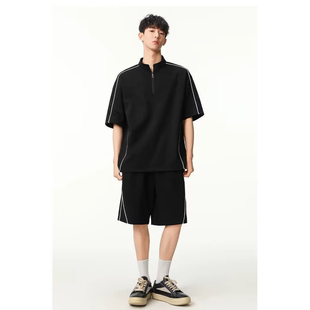 Breathable Street-Style Striped Polo Set for Men