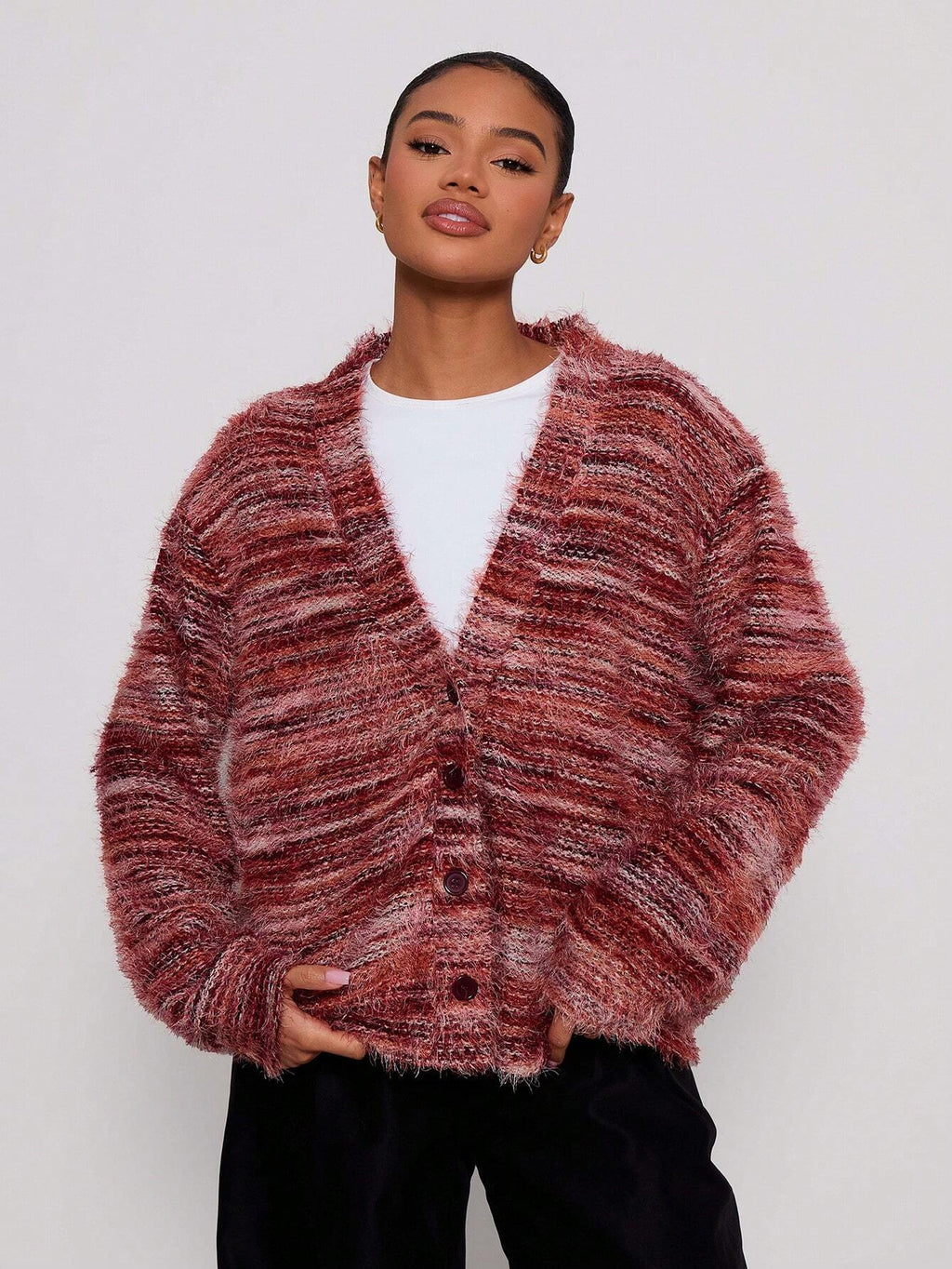 Deep V-Neck Melange Fleece Long Sleeve Cardigan