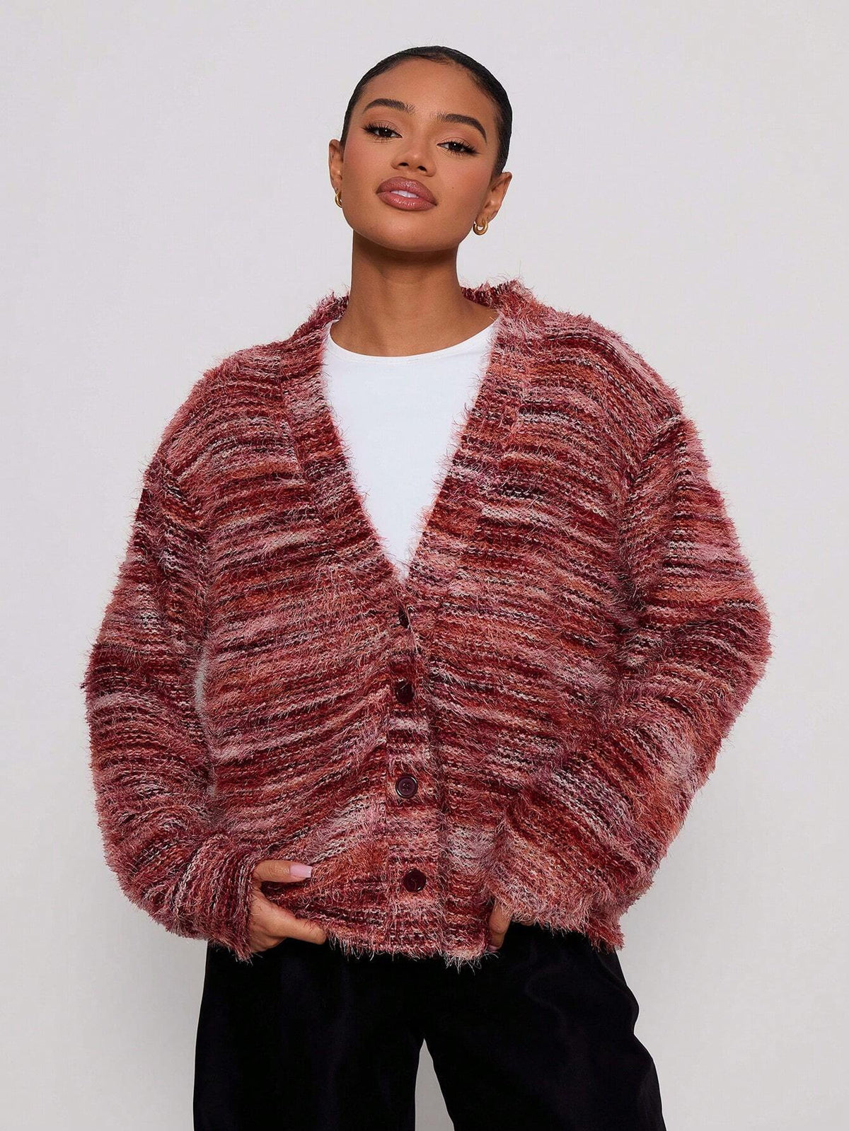 Deep V-Neck Melange Fleece Long Sleeve Cardigan
