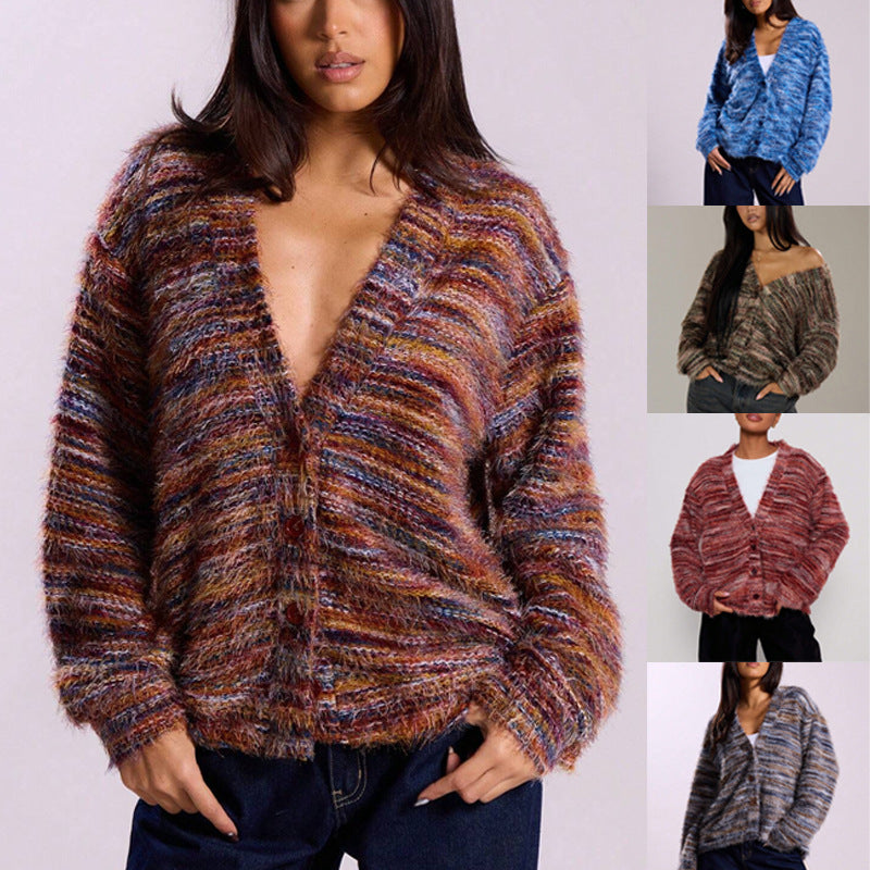 Deep V-Neck Melange Fleece Long Sleeve Cardigan