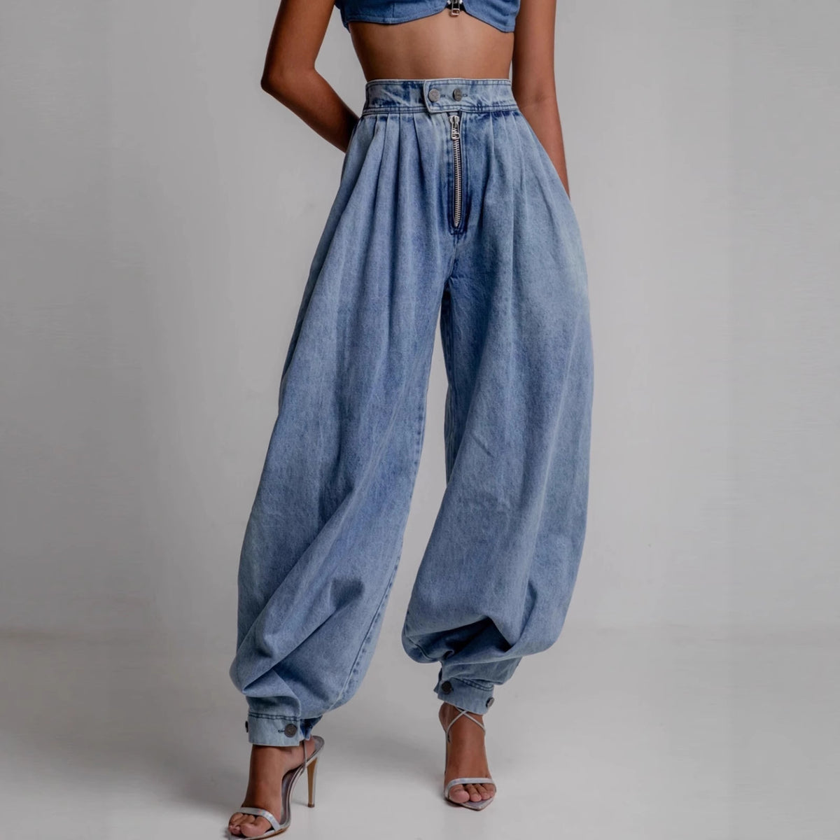 High waisted zipper leg tied jeans