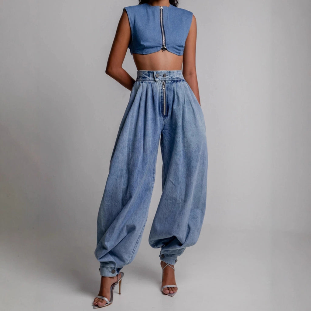 High waisted zipper leg tied jeans