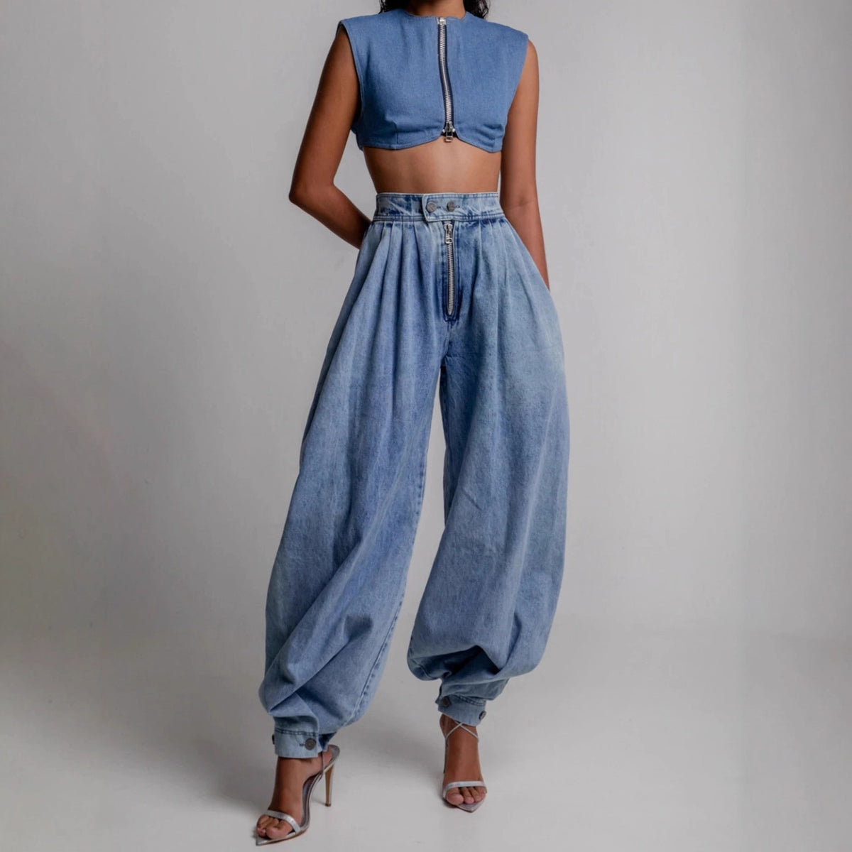 High waisted zipper leg tied jeans