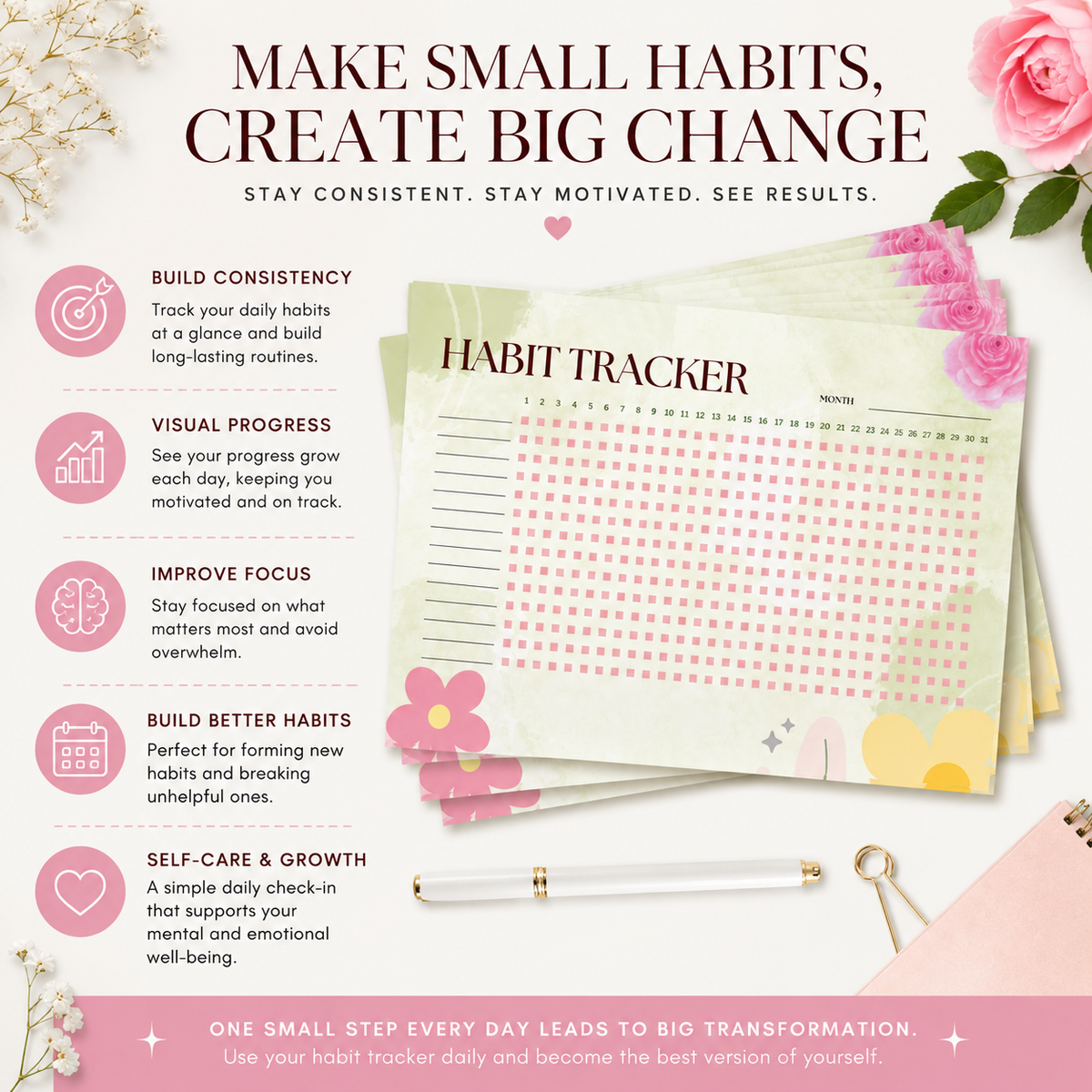 Monthly habit tracker, wellness worksheet, daily routine checklist