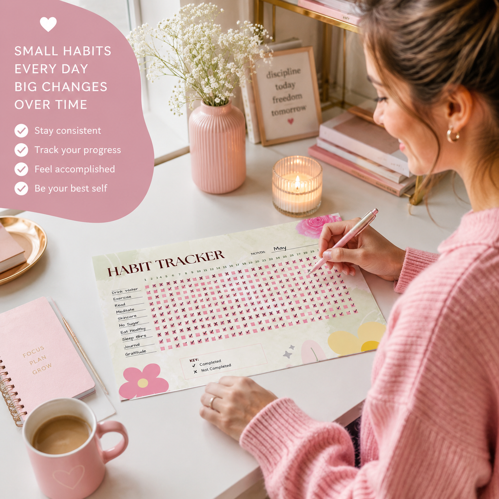 Monthly habit tracker, wellness worksheet, daily routine checklist