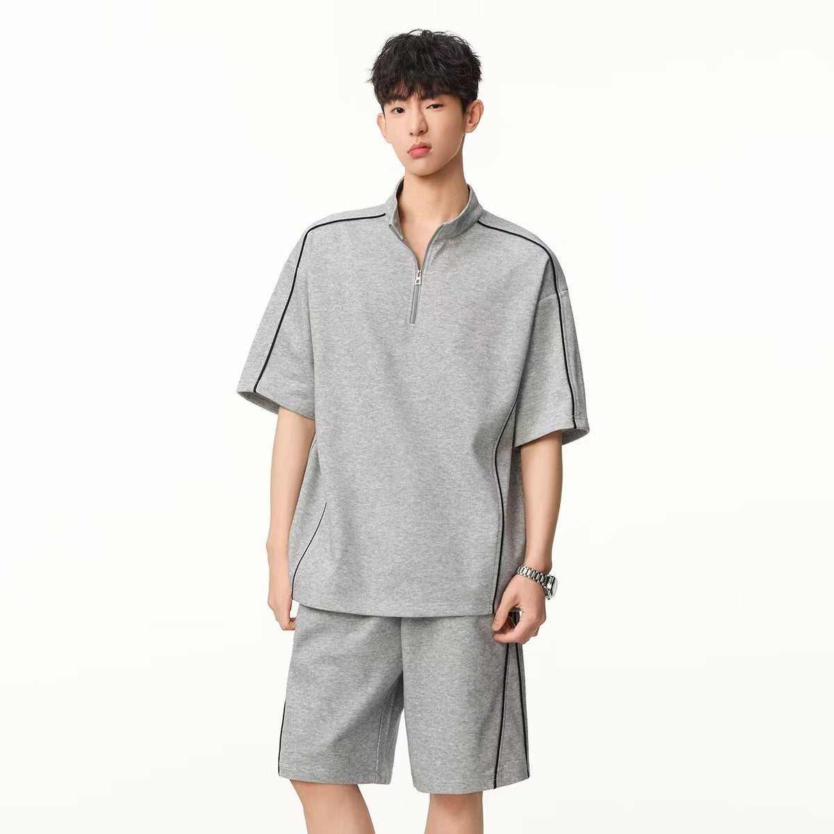 Breathable Street-Style Striped Polo Set for Men