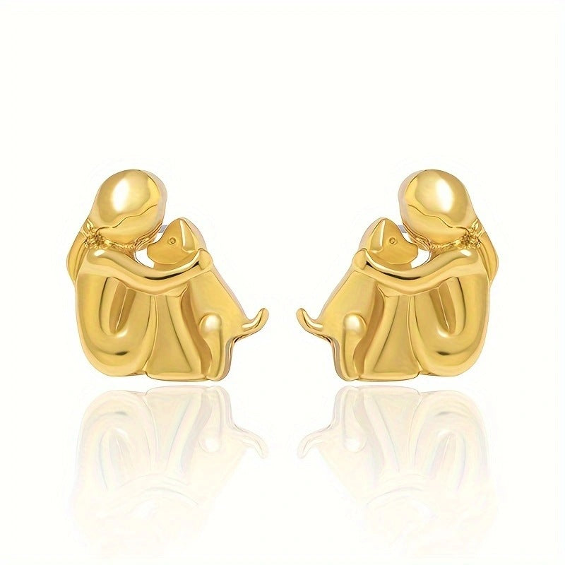 A little girl and a dog embrace earrings