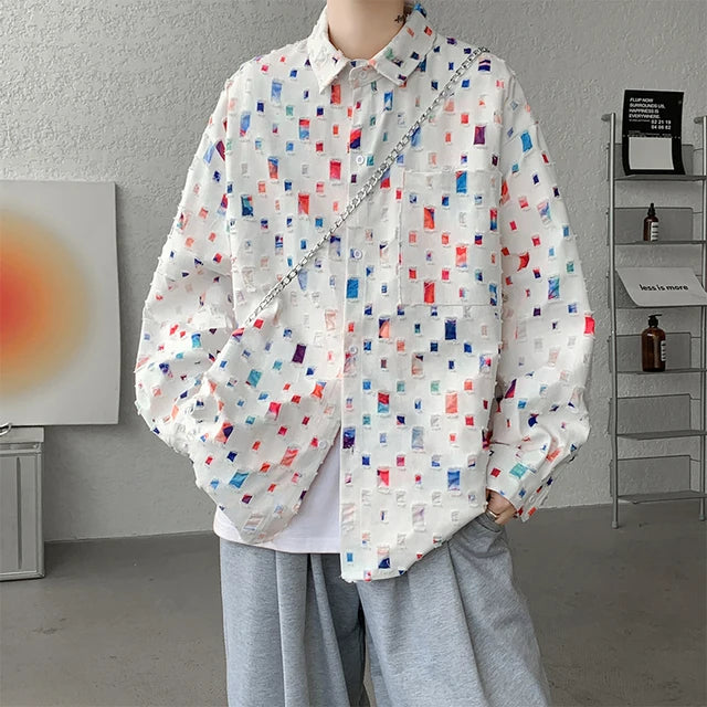Cotton Hollow Out Oversized Colorful Plaid Shirt