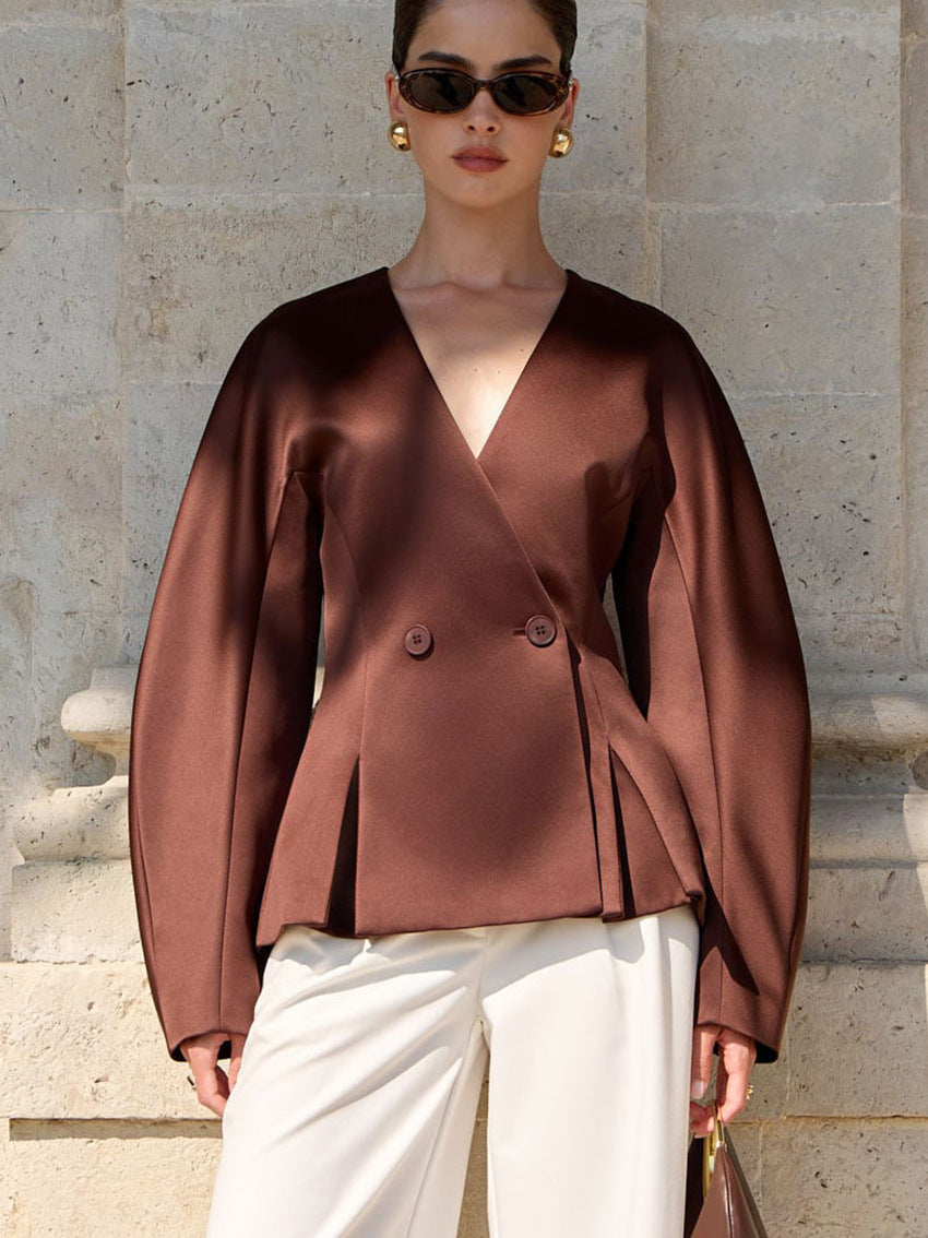 V-Neck Waist-Cinching Satin Blouse
