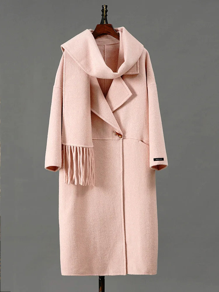 Single Button Long Sleeve Overcoat With Scarf