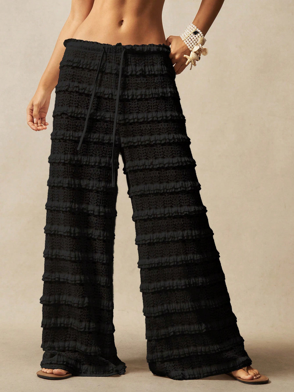 Jacquard Hollow-out Patchwork Tie-up Lace Straight Leg Pants