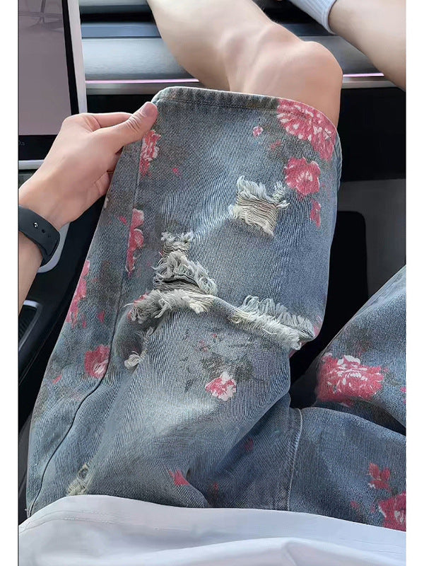 Floral print ripped denim shorts for men