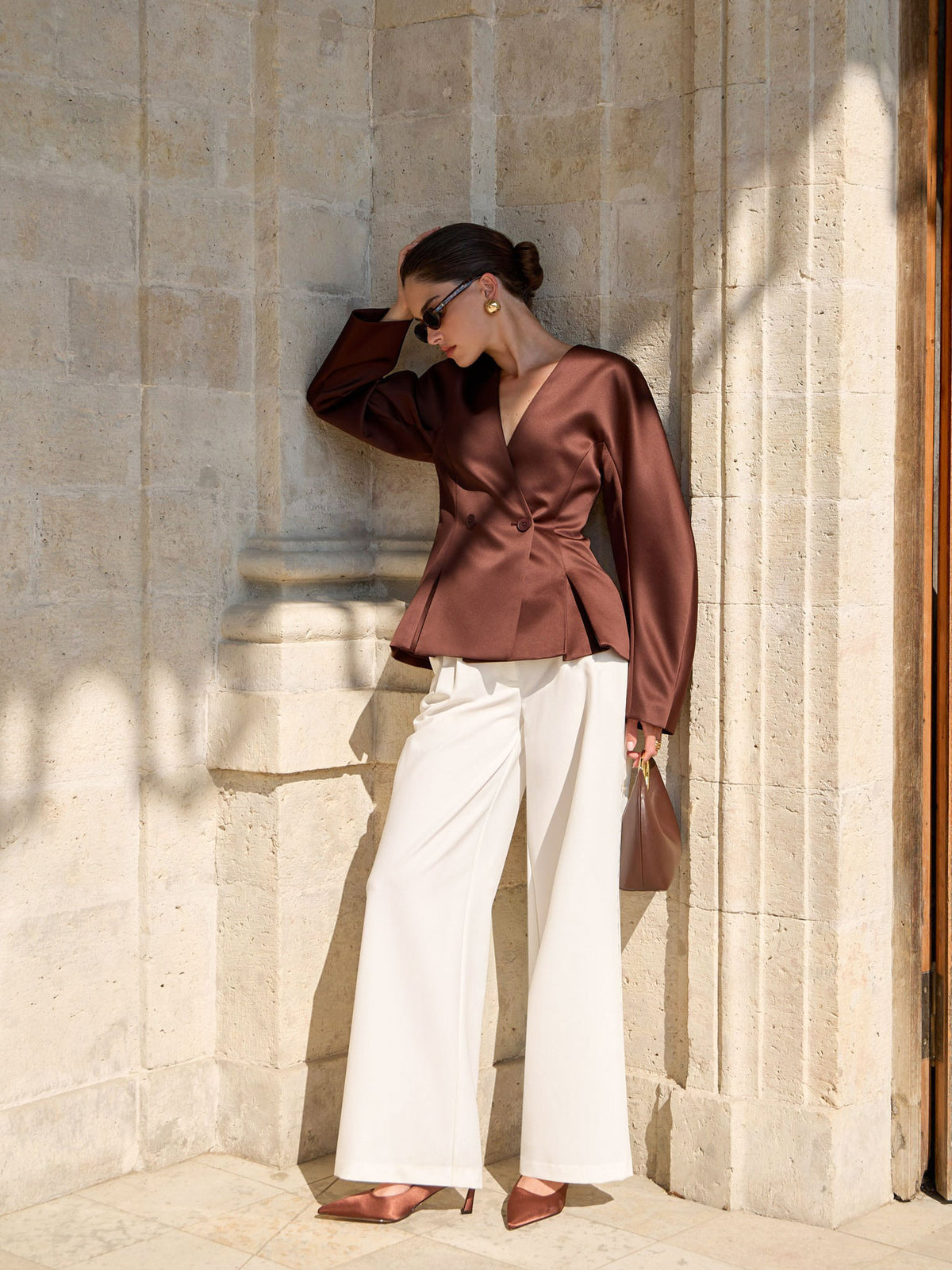 V-Neck Waist-Cinching Satin Blouse