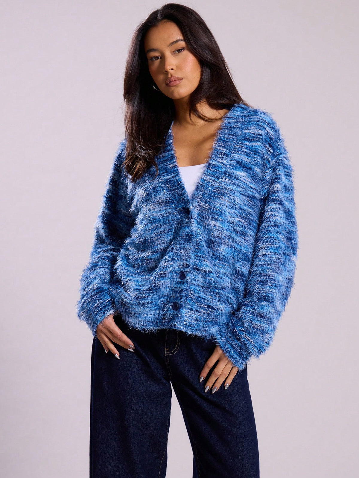 Deep V-Neck Melange Fleece Long Sleeve Cardigan
