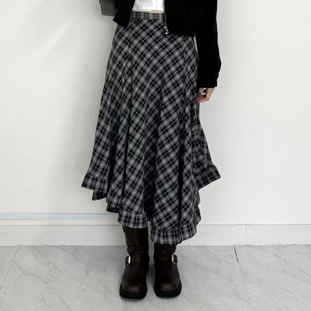 Irregular plaid skirt with half length