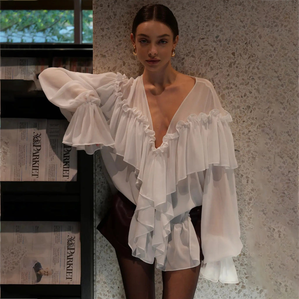 V-neck Ruffled Chiffon Blouse