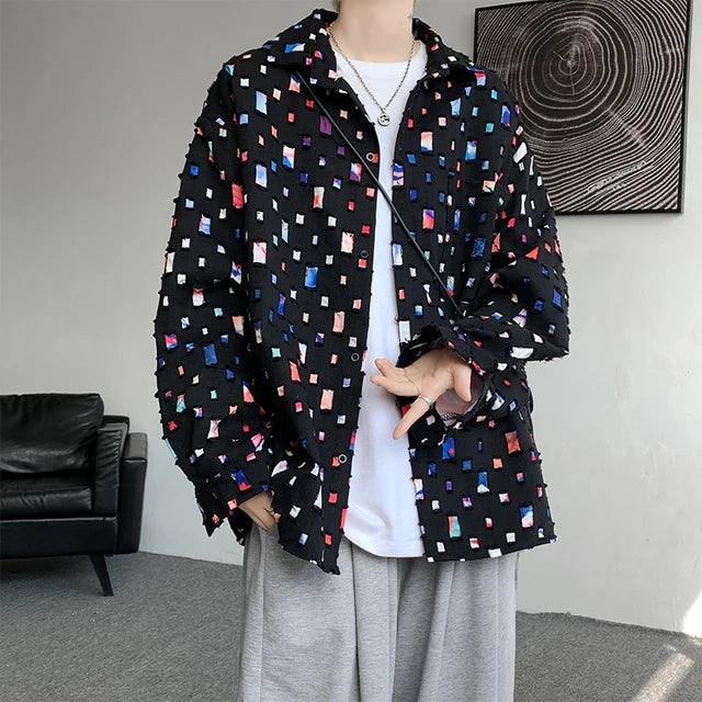 Cotton Hollow Out Oversized Colorful Plaid Shirt