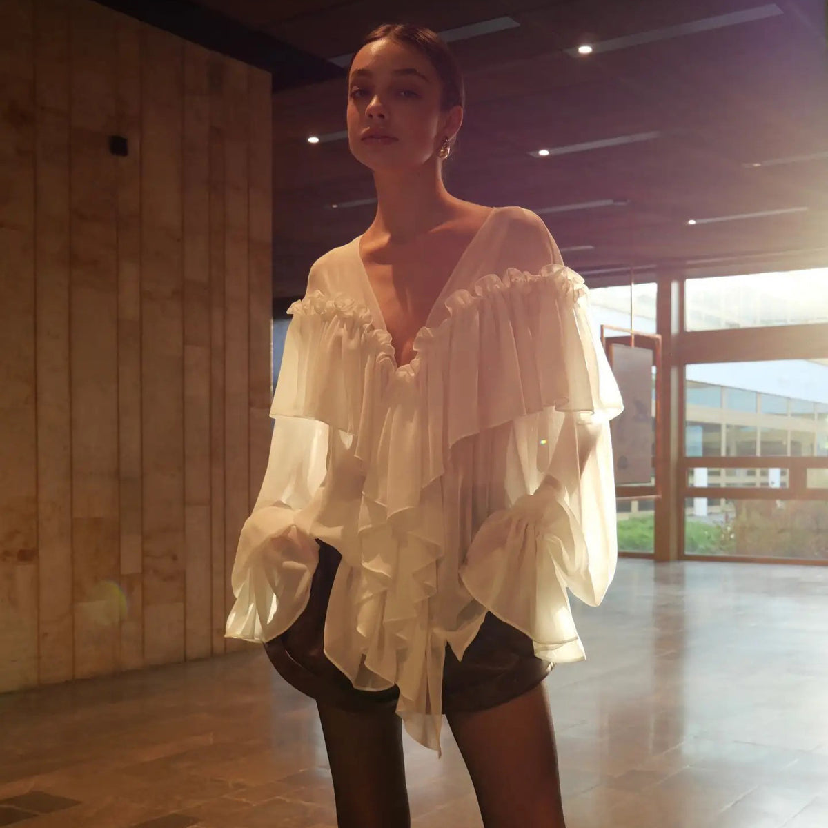 V-neck Ruffled Chiffon Blouse