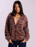 Deep V-Neck Melange Fleece Long Sleeve Cardigan