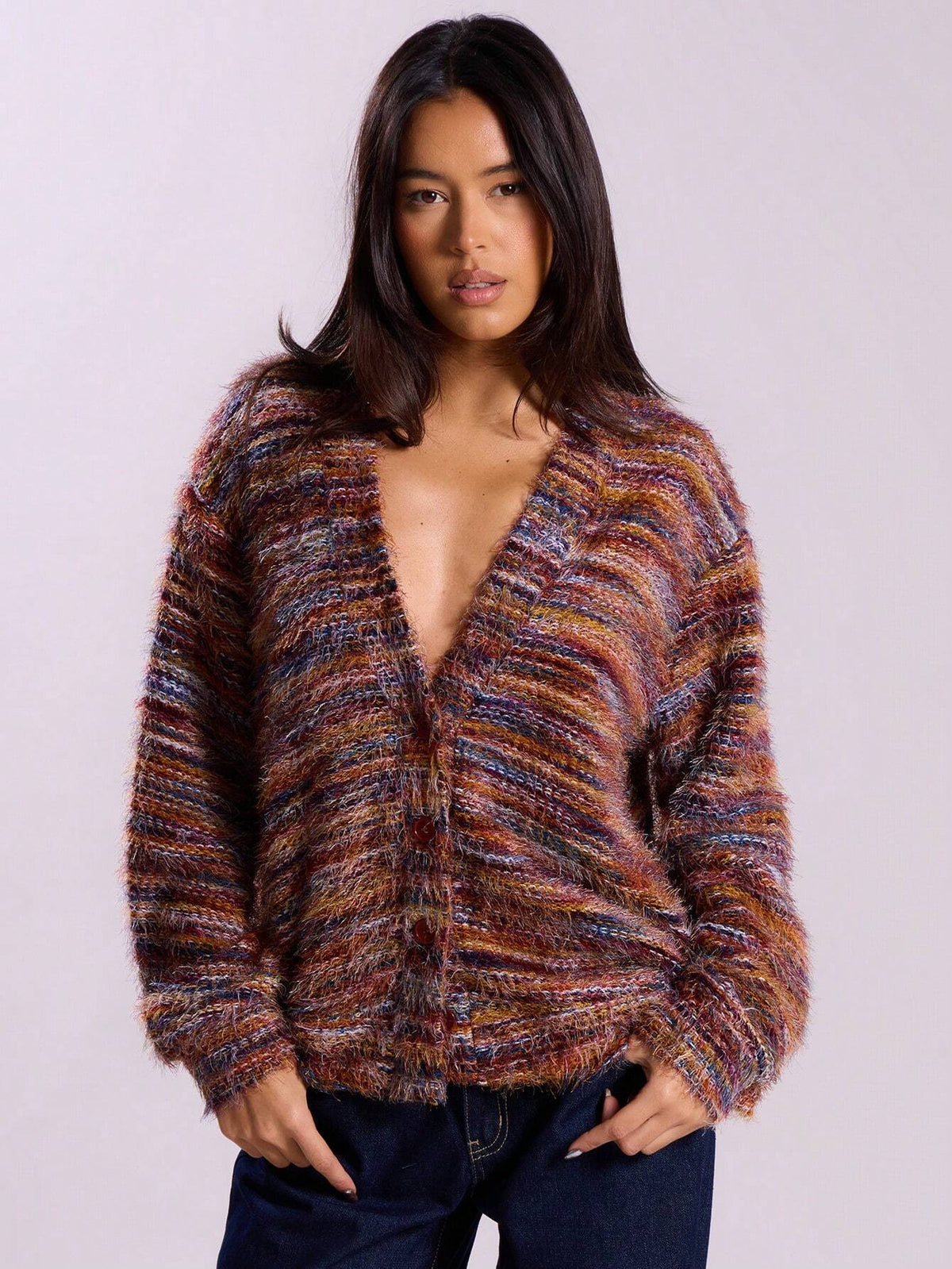 Deep V-Neck Melange Fleece Long Sleeve Cardigan