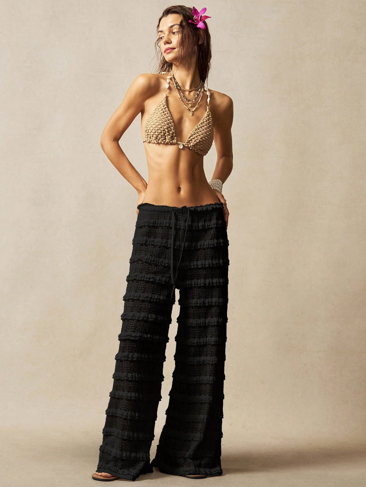 Jacquard Hollow-out Patchwork Tie-up Lace Straight Leg Pants