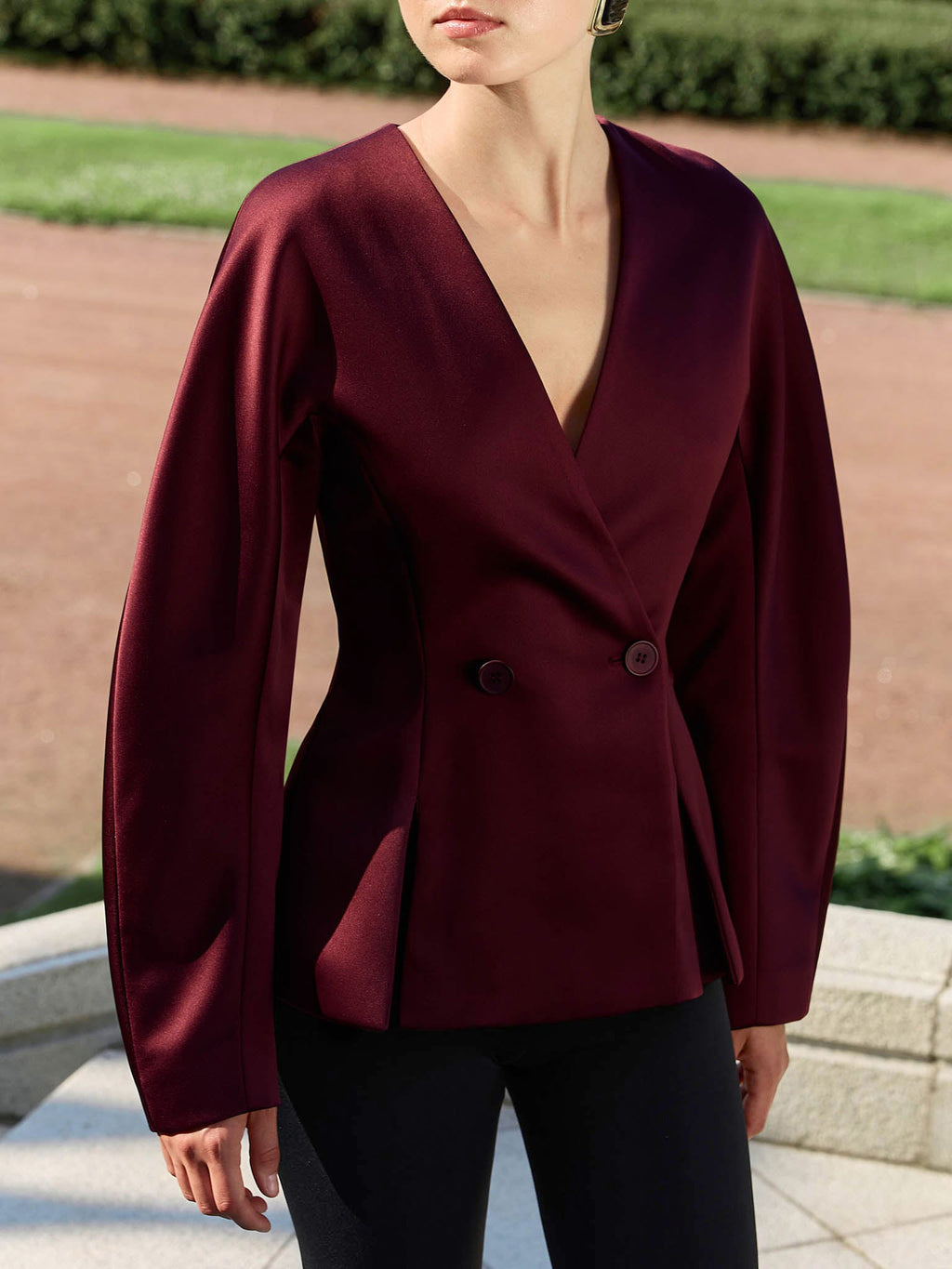 V-Neck Waist-Cinching Satin Blouse