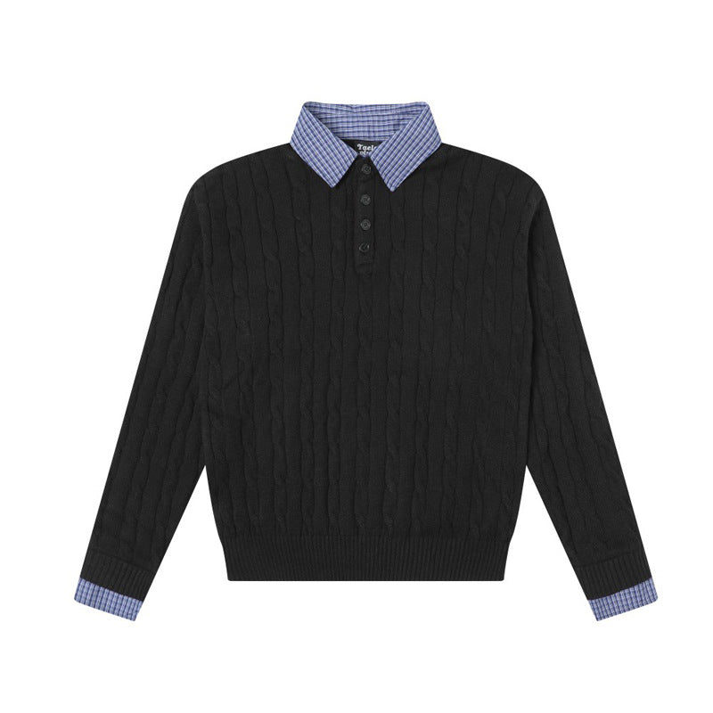 Vintage Two-Piece Spliced Turn-Down Collar Knitwear