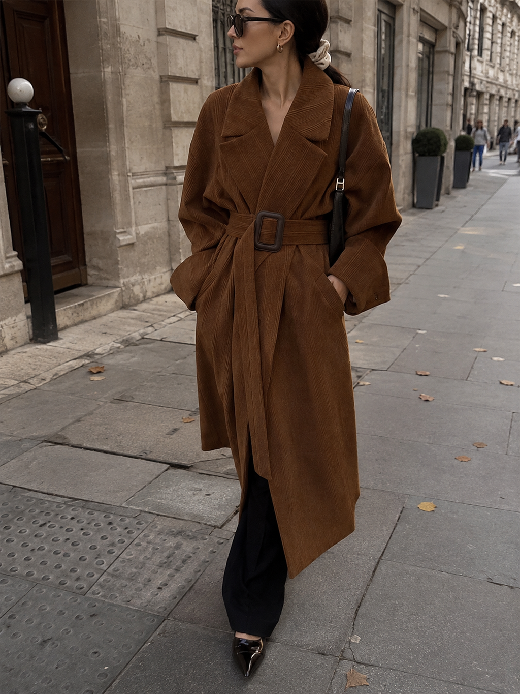 Adjustable Waist Long Woolen Coat