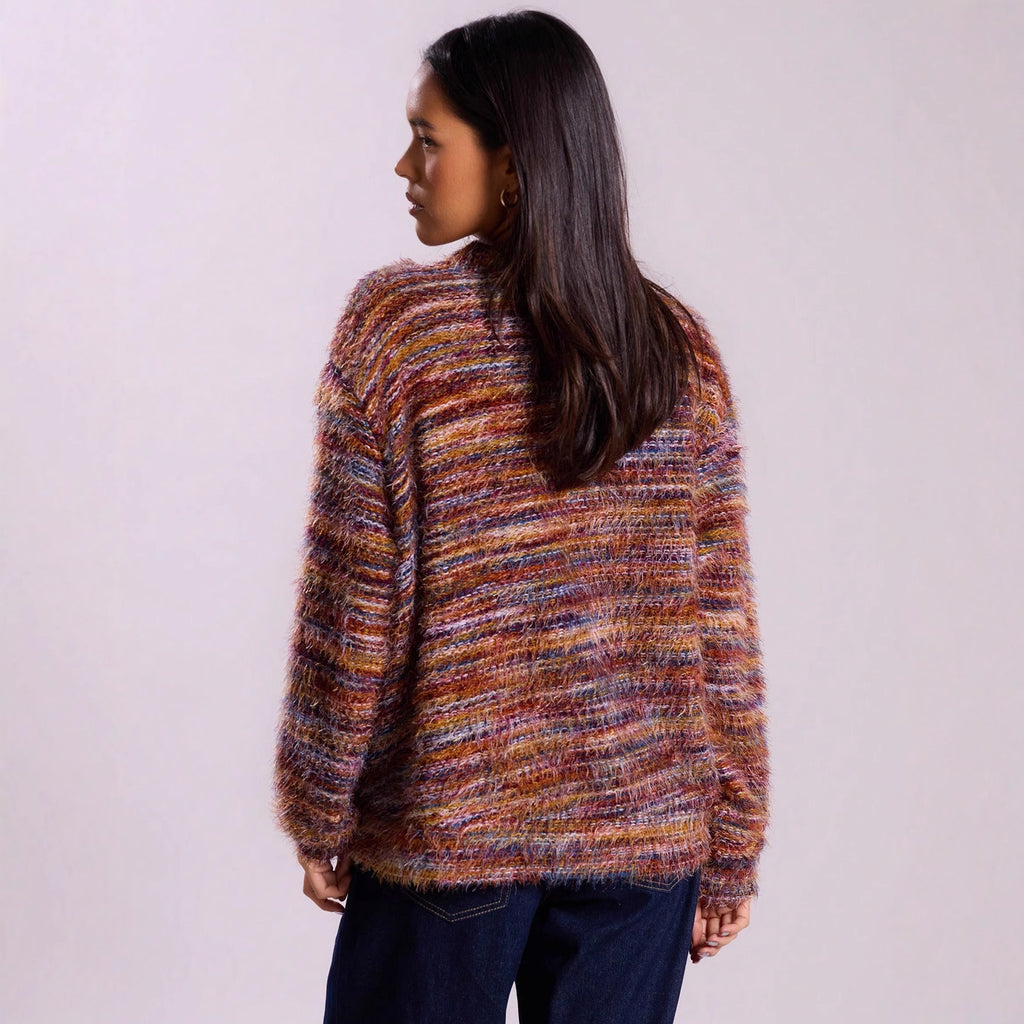 Deep V-Neck Melange Fleece Long Sleeve Cardigan